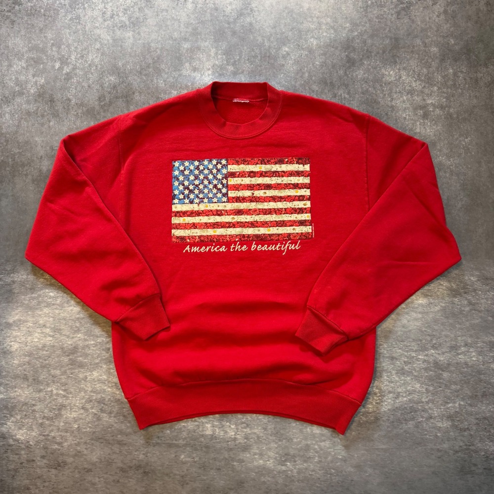 Vintage America The Beautiful Sweatshirt Mens Large L Red Floral Flag Patchwork